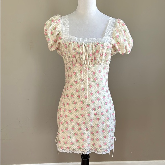 For Love & Lemons Maxine Vintage Rose Pink Floral Puff Sleeve Mini Dress Size M - Picture 6 of 17